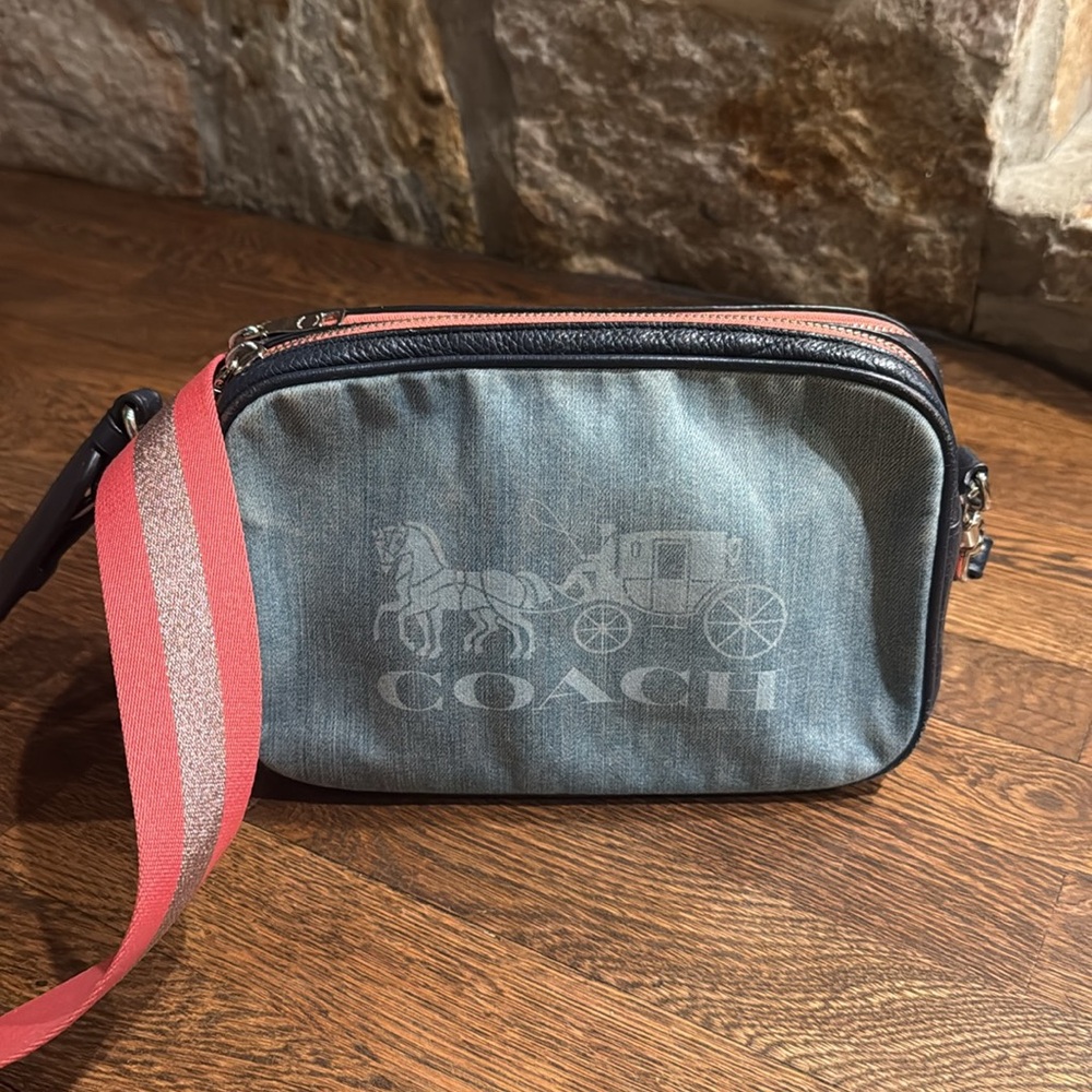 Authentic Coach Blue Denim crossbody Bag with Coral Strap - Picture 14 of 17